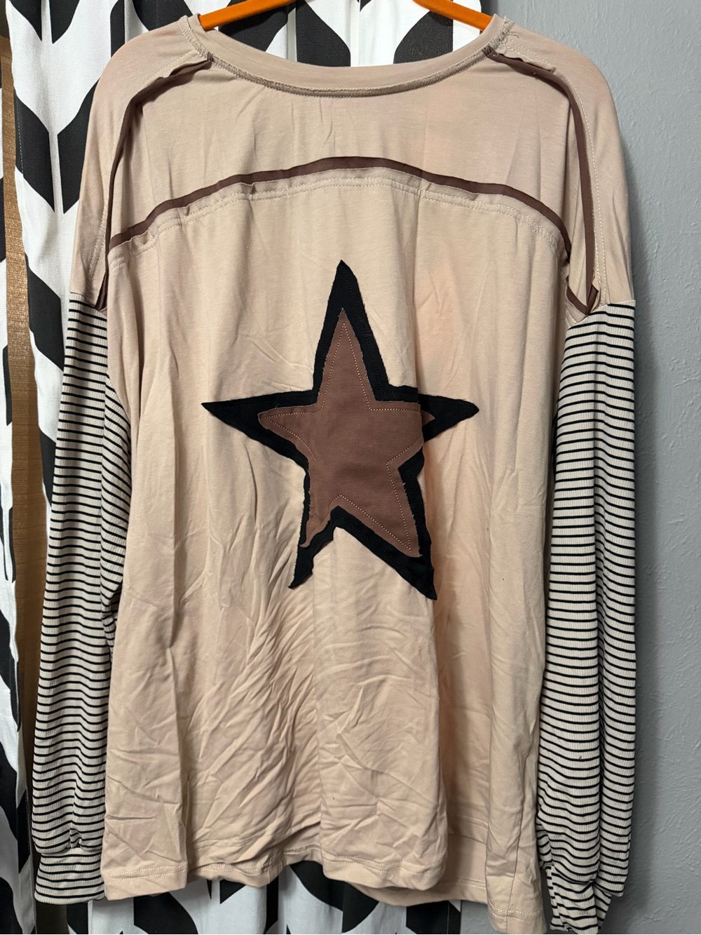 SHEIN Beige Star-Front Long Sleeve Top with Striped Sleeves